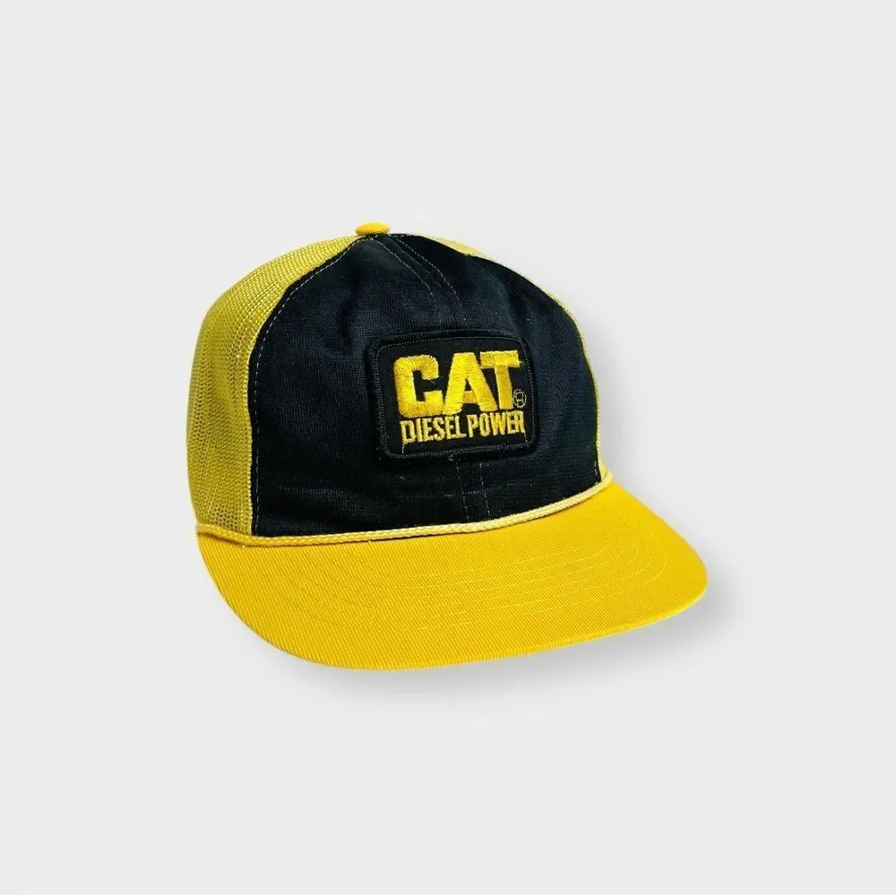 Vtg 80s Cat Diesel Power Trucker Snapback Hat Rope Brim Youngan Patch 70s 2 Tone